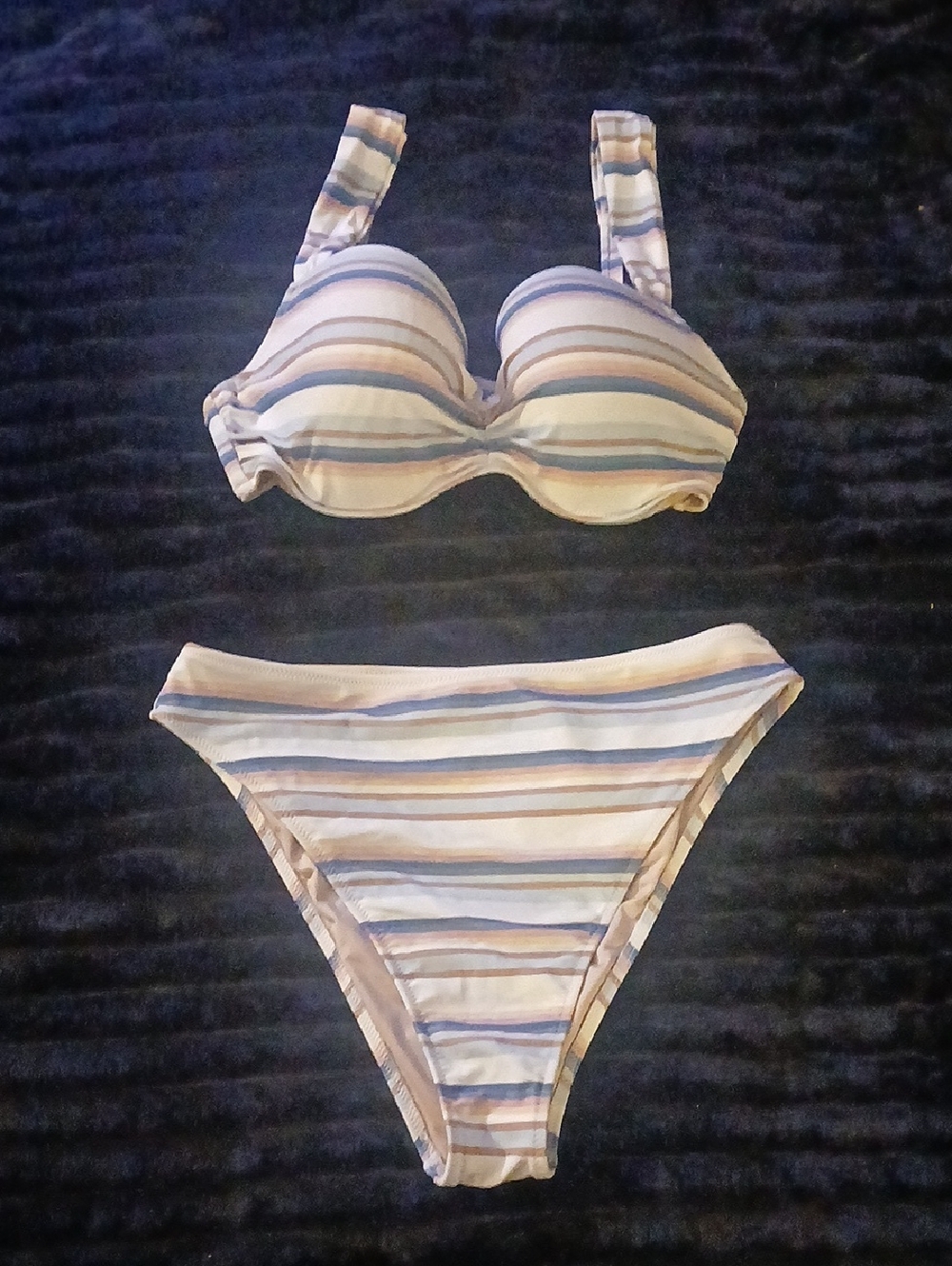 Shade & Shore Blue Striped Scrunch Bikini Set Size 34D/Medium